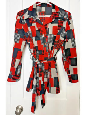 Vtg 60s 70s Women's Long Sleeve Belt Shirt Button Up Geometric Red Black Grey